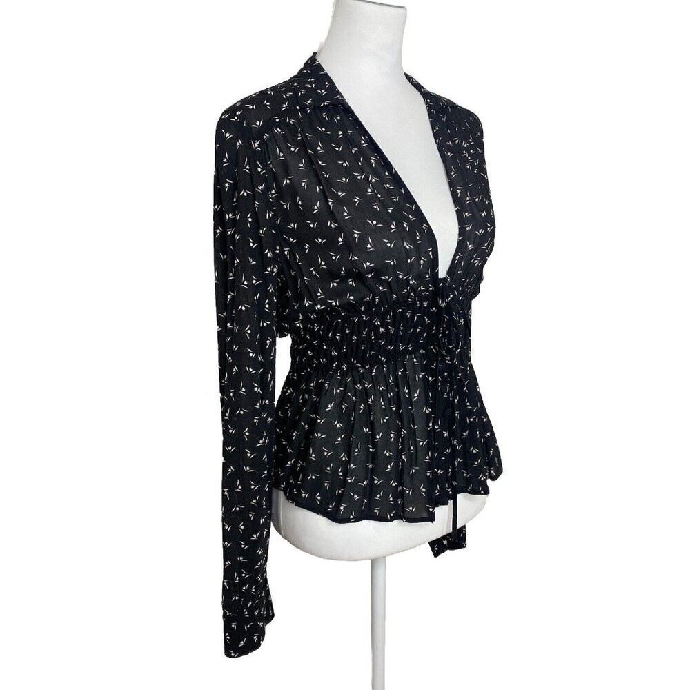 Free People Top Colette Black White Floral Long Sleeve Blouse Womens Size Small - Picture 3 of 9